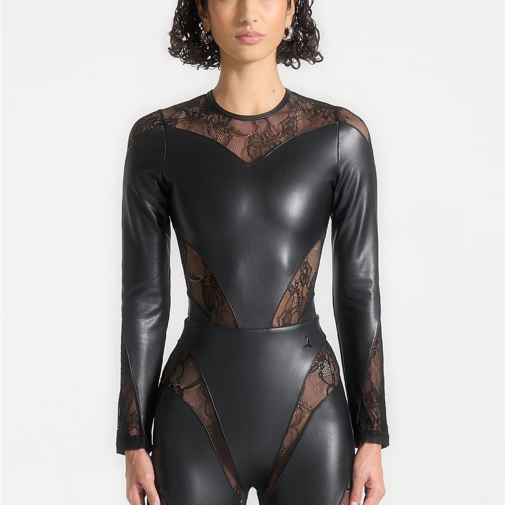 Maniere De Voir Vegan Leather and Lace Contour Bodysuit